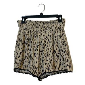 Three Dots Smocked Waist Animal Print Shorts Womens Sz M Pockets Rayon